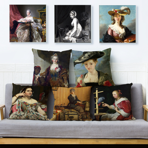 L'europe Vintage Femme Dame Fille Imprimé Housse De Coussin 45*45cm Coussin Couvre Taie D'oreiller En Lin Oreillers Décor À La Maison Housses Pour Canapé ► Photo 1/6