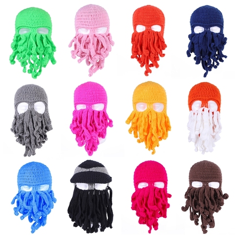 Nouveauté à la main drôle tentacule poulpe chapeau Crochet Cthulhu barbe Beanie hommes femmes tricot vent masque casquette Halloween animaux cadeaux ► Photo 1/6