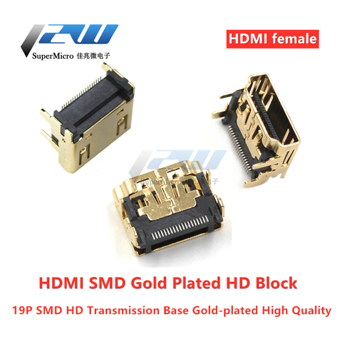 Connecteur femelle HDMI 19 broches 19 P, 10 pièces, smt smd, angle droit, 90 degrés, plaqué or, hd 19 broches ► Photo 1/3