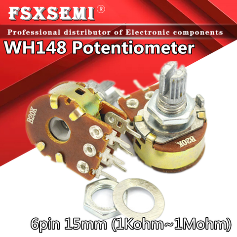 Amplificateur double potentiomètre stéréo avec arbre de 15mm, 2 pièces, WH148 B1K B2K B5K B10K B20K B50K B100K B500K, 6 broches, 1K 2K 5K 10K 50K 100K 500K ► Photo 1/3