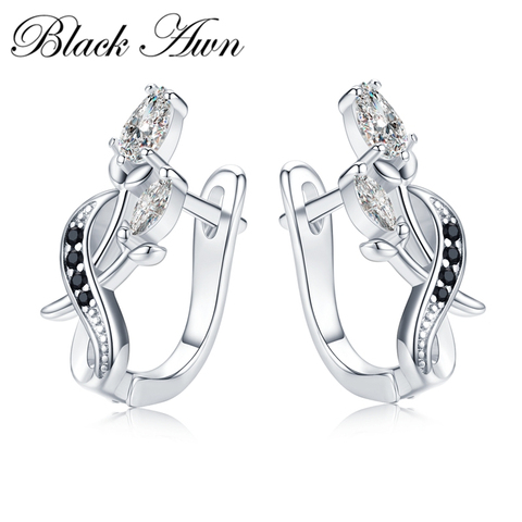 Noir Awn 925 en argent Sterling rond noir à la mode spinelle fiançailles fleur boucles d'oreilles pour les femmes Bijoux fins Bijoux I151 ► Photo 1/6