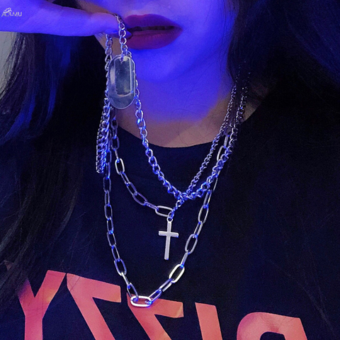 AOMU 2022 personnalité Hip Hop multicouche collier en métal croix pendentif couleur argent chaîne collier pour femmes hommes unisexe bijoux ► Photo 1/6