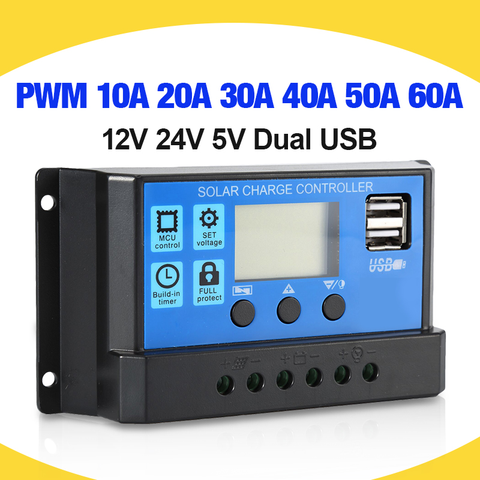 Contrôleur de chargeur solaire 60A/50A/40A/30A/20A/10A 12V 24V contrôleurs Auto PWM affichage LCD 5V double contrôleur de sortie USB ► Photo 1/6