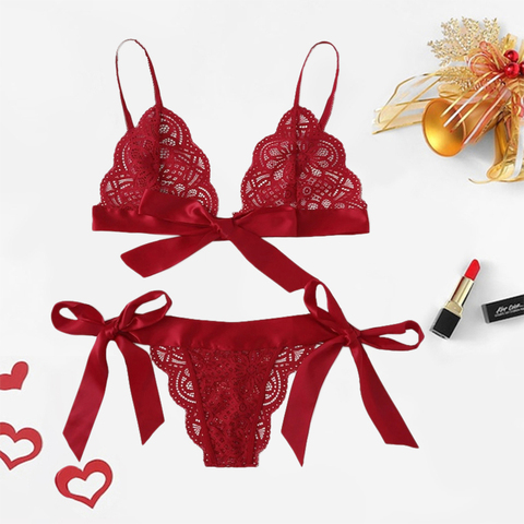 Rouge Lingerie Sexy ensemble dentelle noeud chaud femmes vêtements de nuit col en V Transparent soutien-gorge ensemble sans manches intimes dentelle Bralette et culotte ensemble ► Photo 1/6