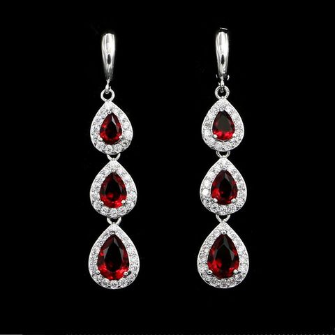 Boucles d'oreilles longues de mariée en argent Sterling 925, zircon cubique rouge, cristal blanc, goutte d'eau pour femmes ► Photo 1/3