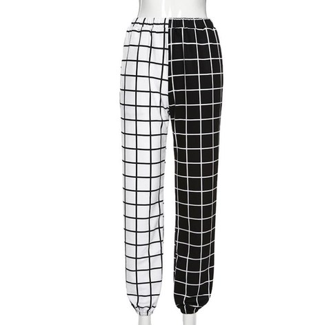 Pantalon Cargo droit et Long, taille haute, ample, Streetwear, pour filles Cool, noir et blanc, Patchwork à carreaux ► Photo 1/4