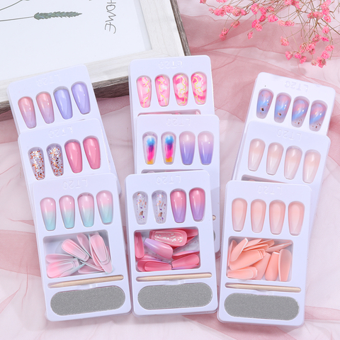 24 pièces faux ongles professionnels Long cercueil naturel faux ongles arc-en-ciel ballerine français Nail Art conseils extension artificielle des ongles ► Photo 1/6