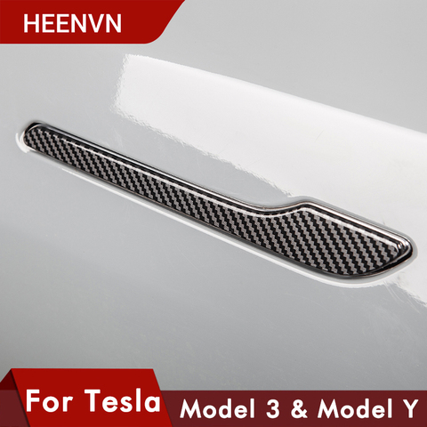 Heenvn-protection de poignée de porte pour Tesla Model 3 en Fiber de carbone, 4 pièces, autocollant, protecteur, accessoires de modèle 3 et 3 2022 ► Photo 1/6