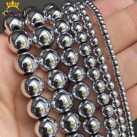 Perles rondes en hématite plaquée argent, pour bijoux, fabrication de Bracelet, breloques, 15 