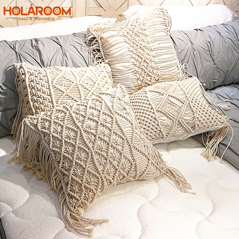 Boho housse de coussin macramé taie d'oreiller bohême motif géométrique fil de coton avec des glands taie d'oreiller canapé jeter décor à la maison ► Photo 1/6