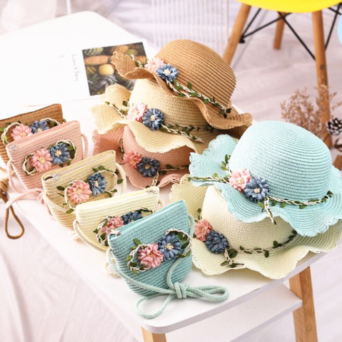 Chapeau de paille pour enfants + sac à bandoulière, fourre-tout d'été pour enfants filles bébé 2 pièces un ensemble mignon floral chapeau de soleil seau chapeau Gorros ► Photo 1/6