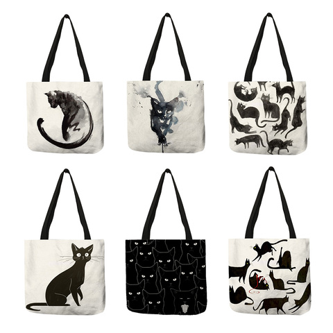 Sac à main en lin imprimé chat noir, fourre-tout de styliste pour dames, sac à bandoulière réutilisable décontracté pour Shopping et bureau, nouvelle collection ► Photo 1/6