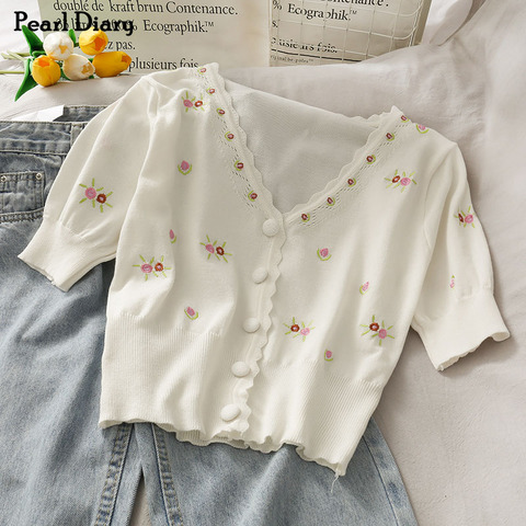 Cardigan tricoté couleur fleur blanc, motif de perles, col en V, bouton avant, manches bouffantes, hauts Vintage ► Photo 1/6