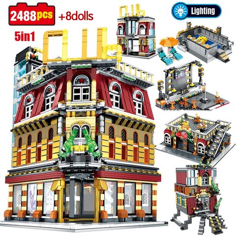 Blocs de construction pour boîte de nuit USB 5 en 1, 2488 pièces, lumière USB, figurines, vue sur rue, ville, briques, jouets éducatifs, cadeaux pour enfants ► Photo 1/6