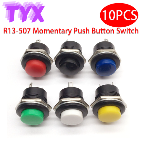 10 pièces 16mm bouton momentané commutateurs 6A/125VAC 3A/250VAC bouton rond Jog commutateur R13-507 noir rouge vert blanc bleu jaune ► Photo 1/3