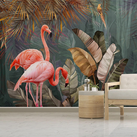 Papier peint 3D motif plantes tropicales, forêt, feuille de bananier, flamand rose ► Photo 1/6