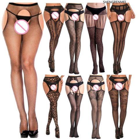 Collants Sexy en résille pour femmes, Lingerie érotique, jarretière à entrejambe ouvert, grande taille ► Photo 1/6