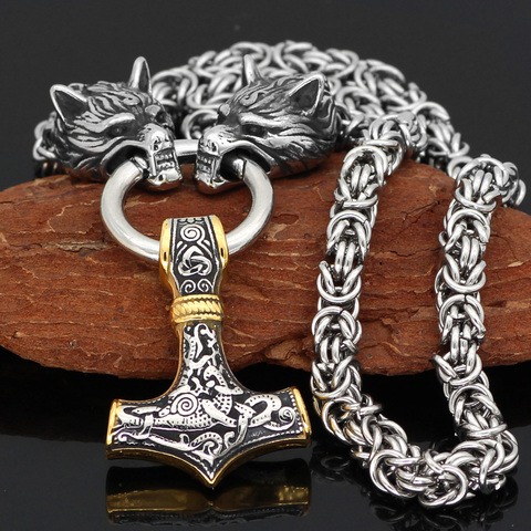 Hommes acier inoxydable tête de loup norse viking amulette thor marteau pendentif collier viking roi chaîne ► Photo 1/6