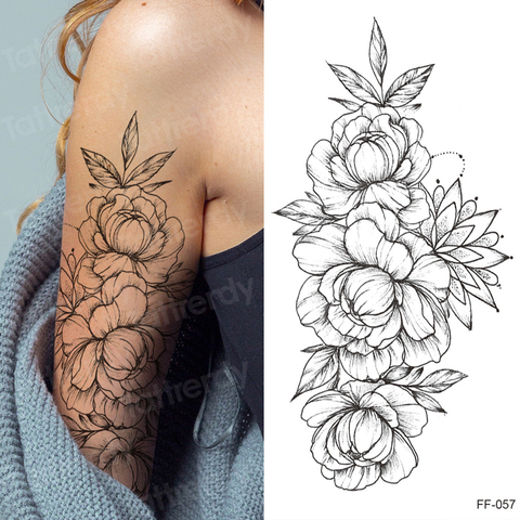 Autocollant de tatouage pour femmes, motif fleur rose pivoine noire, tatouage temporaire pour femmes, manches temporaires, étanche, sexy, art corporel, mode ► Photo 1/6