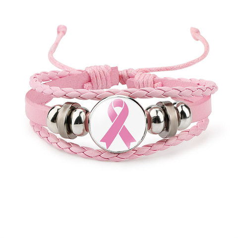 Bracelet de sensibilisation au Cancer du sein pour femmes, breloque en cuir tressé avec ruban rose, Bracelet enroulé, bijoux faits à la main à la mode ► Photo 1/6