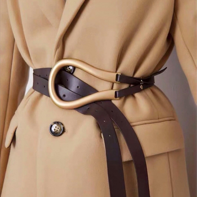 Double ceinture en cuir véritable, de luxe en métal, à boucle en U, pour femmes et filles rétro, grande ceinture pour manteau, noir, blanc ► Photo 1/6