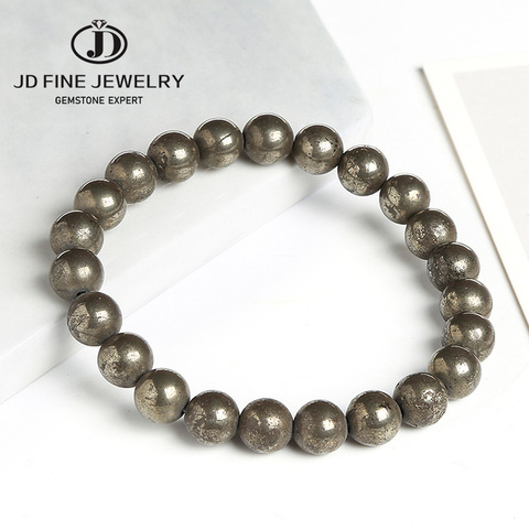 JD-Bracelet en Pyrite naturel, perles rondes de 8mm, ligne élastique, extensible, à la mode, bijoux pour hommes et femmes ► Photo 1/6