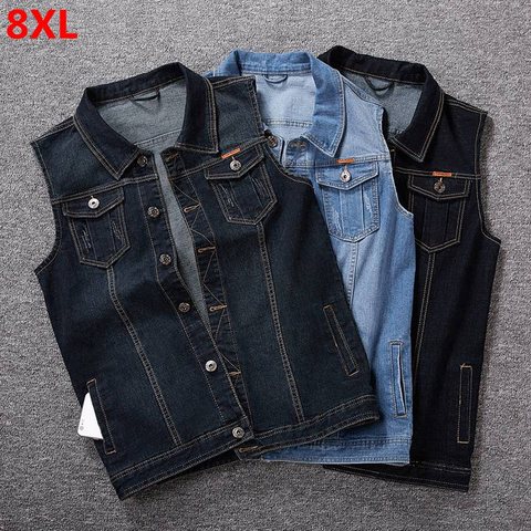 Gilet denim bleu pour hommes, gilet d'extérieur multi-poches sans manches 8XL 7XL 6XL 5XL grande taille, gilet denim, jolie tendance, tendance ► Photo 1/6