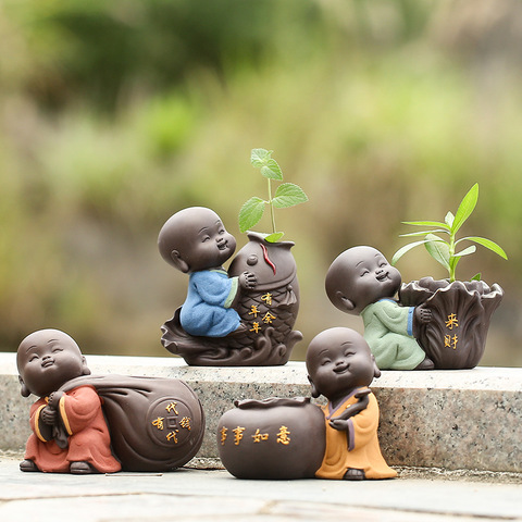 Céramique thé animaux ornements petit bouddha Statue moine Figurine bureau Pot de fleur hydroponique plante décoration thé accessoires ► Photo 1/5