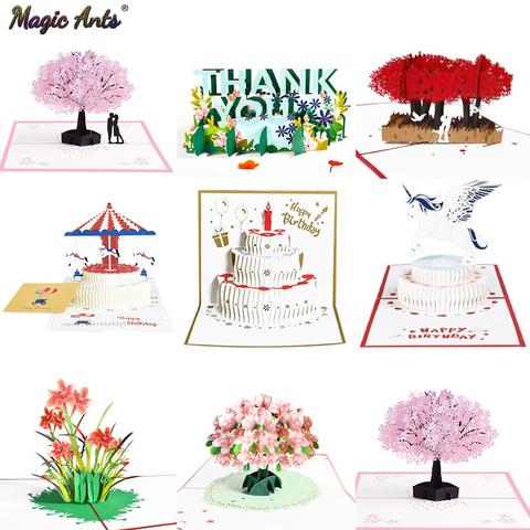 Cartes Pop-Up 3D fleurs, cadeaux d'anniversaire, carte postale licorne érable et cerisiers, Invitations de mariage, cartes de vœux ► Photo 1/6