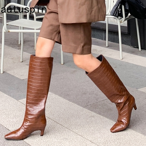 Autuspin mode genou-bottes femmes hiver mince longues chaussures Sexy fête danse chaud talons hauts femme Chelsea chaussons marron ► Photo 1/6