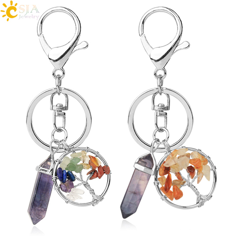 CSJA-porte-clés en pierre naturelle, Fluorite, pendentif arbre de vie, fermoir homard, porte-clé pour voiture sac à dos, accessoires, bijoux uniques G380 ► Photo 1/6