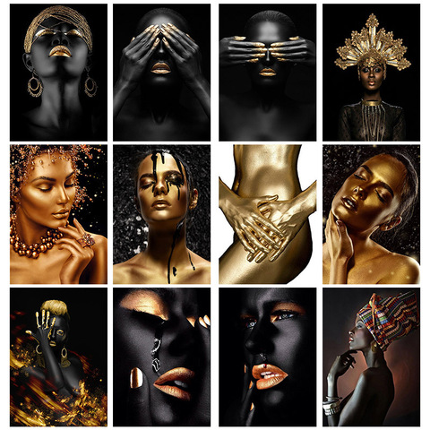 Art africain femme noir et or peinture à l'huile sur toile Cuadros affiches et imprimés tableau d'art mural scandinave pour salon ► Photo 1/6