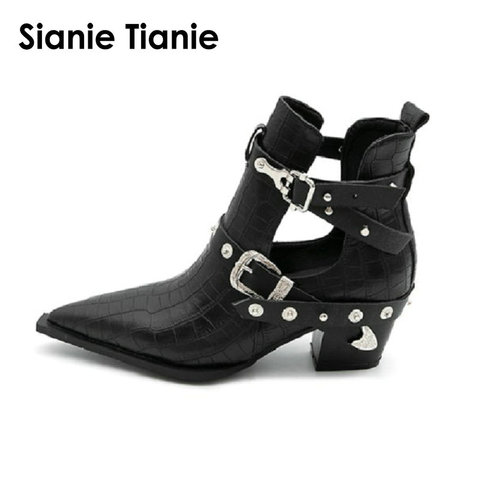 Sianie Tianie hallow découpé en cuir PU bout pointu femme bottines punk gothique élégant femmes moto martin bottes cheville ► Photo 1/6