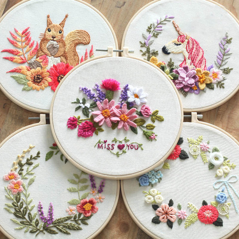 Kit de démarrage de broderie 3D Style européen avec fleurs, plantes, motif licorne, tissu, fils de couleur, outils, carpette à main, décor avec cerceau ► Photo 1/6