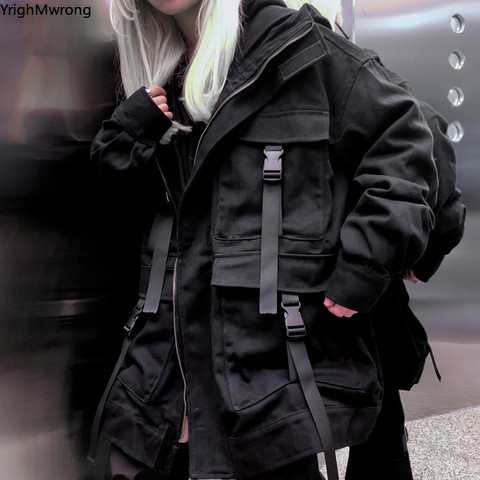 Techwear – manteau Streetwear coupe-vent avec ceinture à ruban pour homme et femme, Cargo Pocket, ample, Punk, Hip Hop, pardessus bombardier, veste à capuche à fermeture éclaire ► Photo 1/6