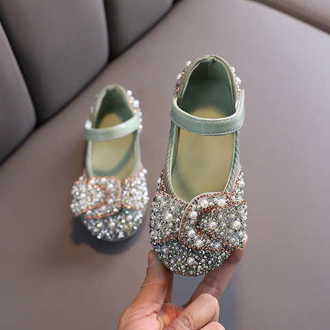 2022 nouveaux enfants chaussures décontractées filles princesse talon plat chaussures de fête paillettes Bow perle cristal Bling bébé Performance chaussures D487 ► Photo 1/6