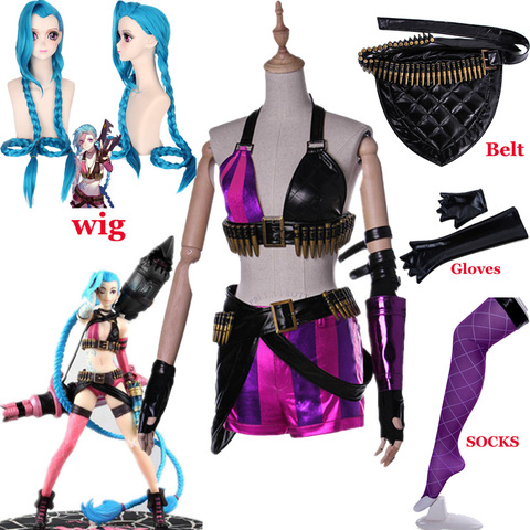 CHAUD! Jeu LoL Crit Loli Jinx Cosplay déguisement Jinx peau originale uniformes magiques bleu perruques cheveux pour femmes filles fête vêtements ► Photo 1/6