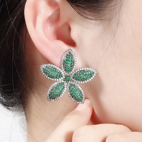 CWWZircons Chic Micro pavé cubique zircone bleu foncé grande fleur feuille boucles d'oreilles de luxe mode femmes fête de mariage bijoux CZ662 ► Photo 1/6