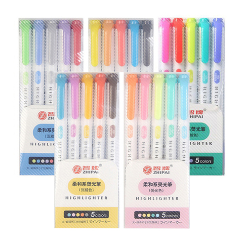 Stylos surligneurs fluorescents à Double tête, 5 couleurs/boîte, stylos surligneurs à doublure douce, marque artistique, papeterie japonaise ► Photo 1/6