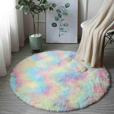 Tapis arc-en-ciel coloré doux et pelucheux pour filles, rond et poilu pour décoration de chambre à coucher, tapis de chevet Style princesse ► Photo 1/6