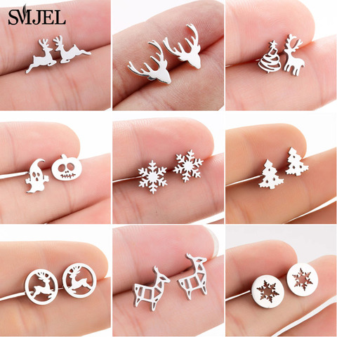 SMJEL – boucles d'oreilles en forme de cerf pour filles, petit flocon de neige, en acier inoxydable, bijoux de noël pour femmes ► Photo 1/6