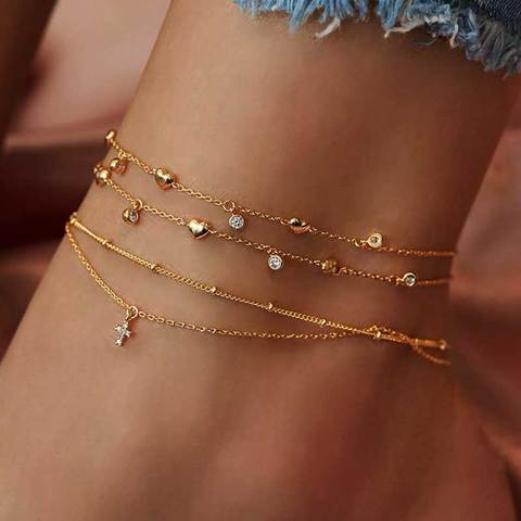 Vienkim-Bracelet Vintage pour femmes, pendentif croisé, cœur, chaîne, perles, multicouches, pour la jambe, bijoux de plage, collection 2022 ► Photo 1/6