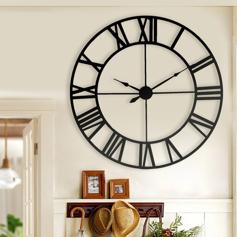 Horloge murale 3D rétro en fer noir, nouveauté, grand format, ajouré, chiffres romains, décoration de maison, 80 cm ► Photo 1/5