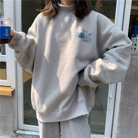 Surdimensionné velours sweats à capuche chauds femmes vêtements hauts harajuku imprimé col roulé Kawaii Simple pull Style coréen sweat-shirt ► Photo 1/5