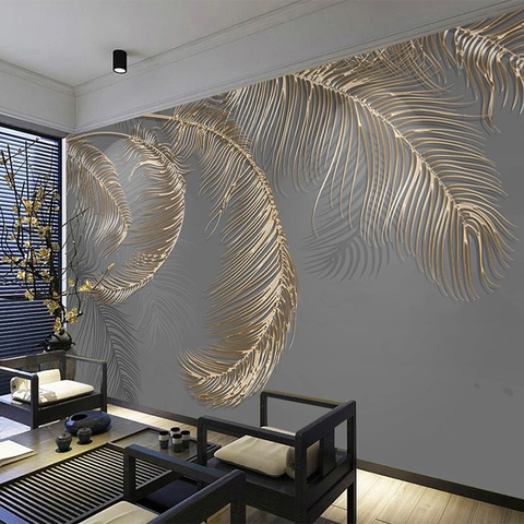 Papier peint moderne abstrait avec plumes 3D, lignes De Relief dorées, décoration d'interieur ► Photo 1/6