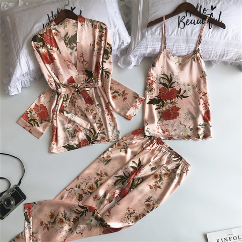 Ensemble de Pyjama 3 pièces pour femme, Pyjama 3 couleurs en Satin soie imprimé Floral rose, vêtements de nuit à la maison ► Photo 1/6