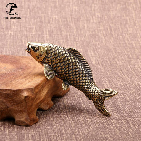 Figurines de poisson en laiton massif Miniatures Antique Feng Shui ornement de bureau artisanat Simulation carpe thé accessoire de décoration pour animaux de compagnie ► Photo 1/6