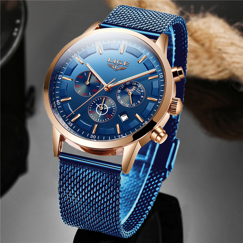 LIGE – montre-bracelet de Sport étanche pour hommes, marque de luxe, nouvelle mode, cadran bleu, maille, ceinture, Phase de lune ► Photo 1/6