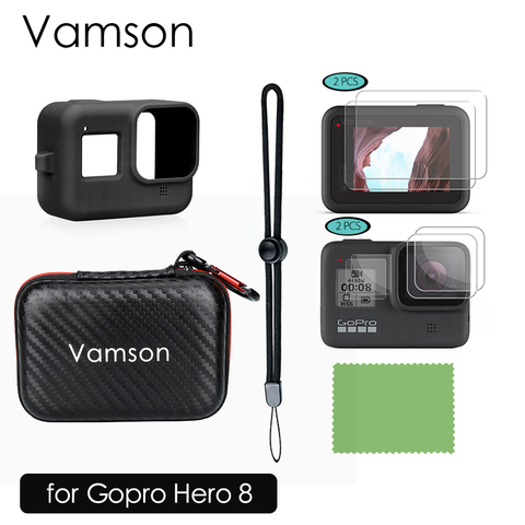 Vamson – Kit d'accessoires pour GoPro Hero 8, pack noir comprenant un étui de transport noir + protecteur d'écran en verre trempé VP814 ► Photo 1/6