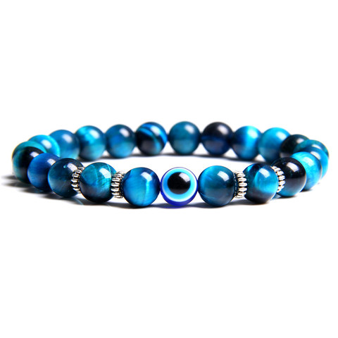 Bracelet œil de tigre en lave tibétain pour hommes et femmes, pierre naturelle de 8mm, bleu porte-bonheur, bijoux mauvais œil grec turc ► Photo 1/6